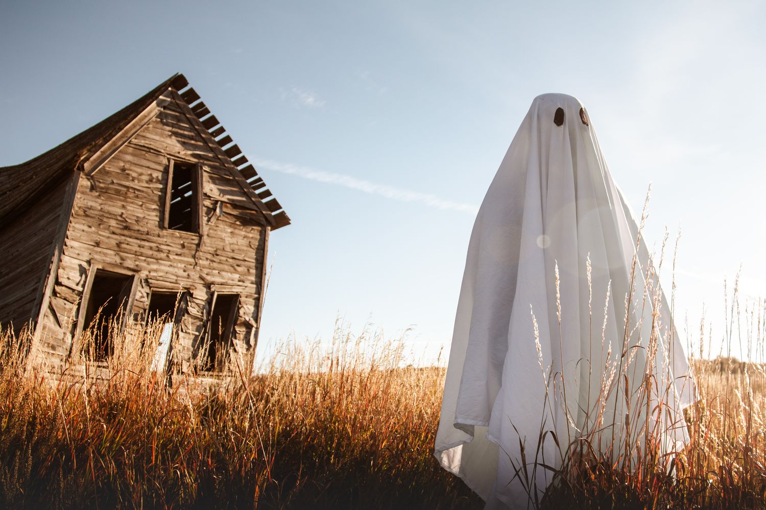 A spooky scene with an abandoned wooden house next to a white ghost-like figure in a field of tall grass.