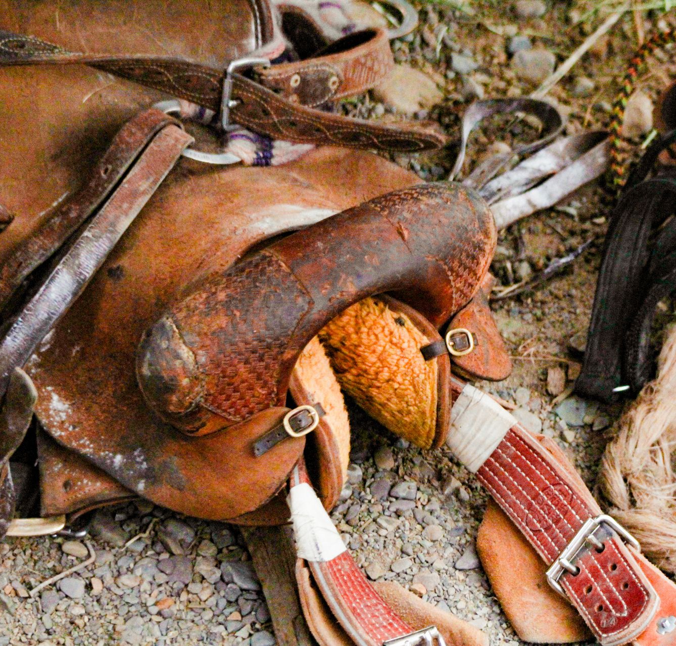 Brown leather western saddle on the ground, at Mineral County's Rodeo.