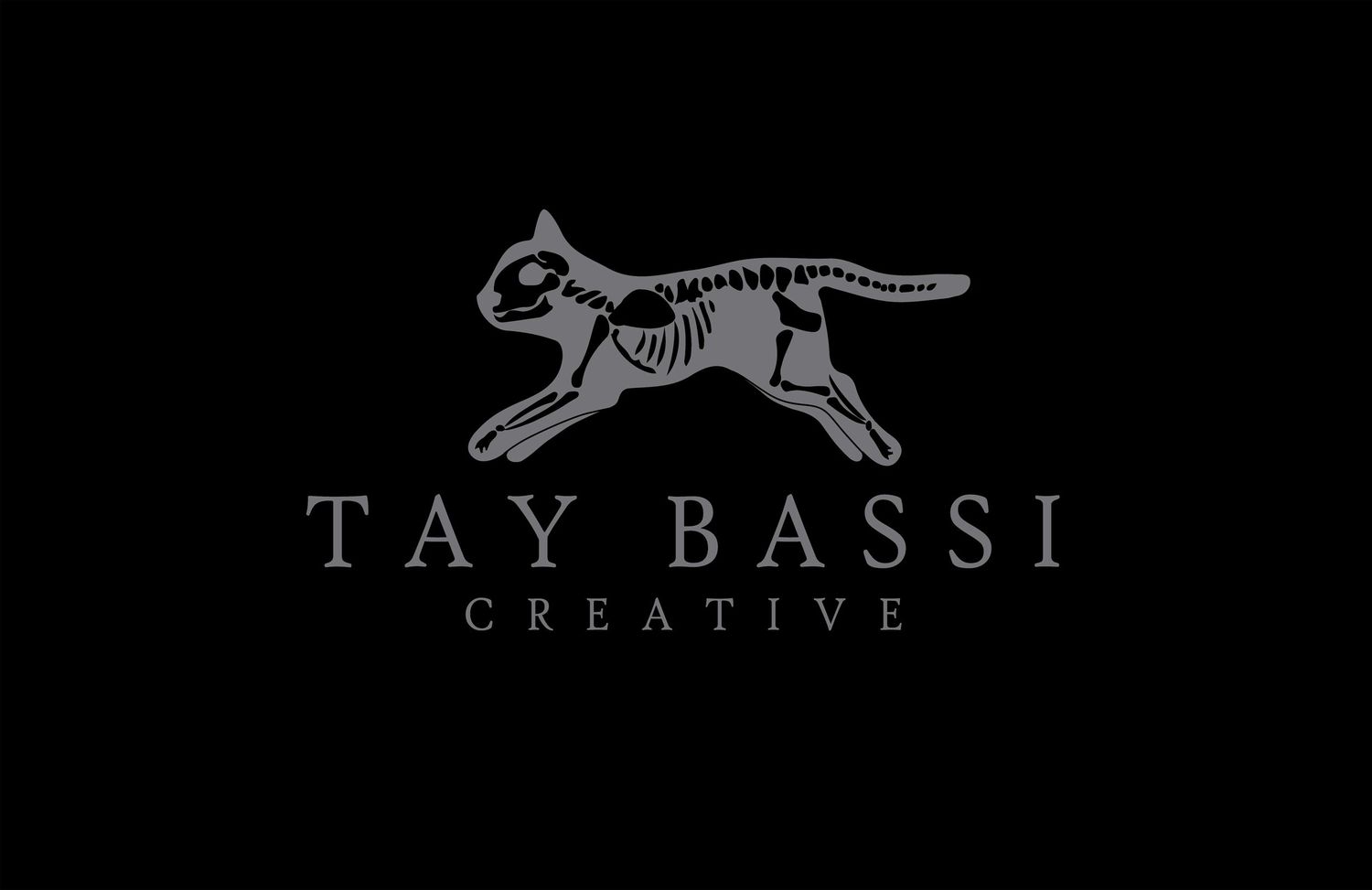 Tay Bassi Creative logo featuring a running cat with visible skeleton illustration on a dark background.