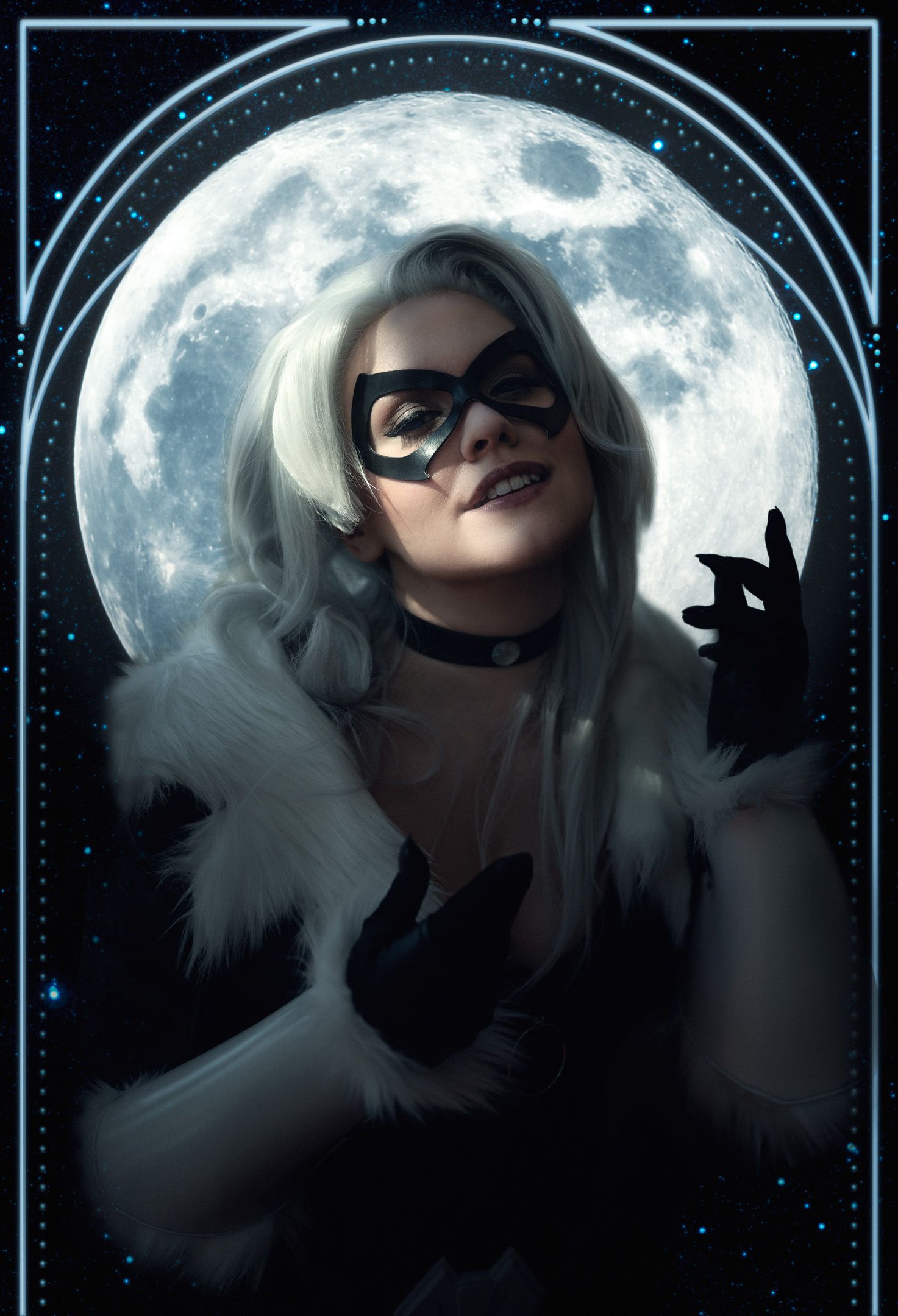 Dramatic moonlit portrait with black mask against starry background.