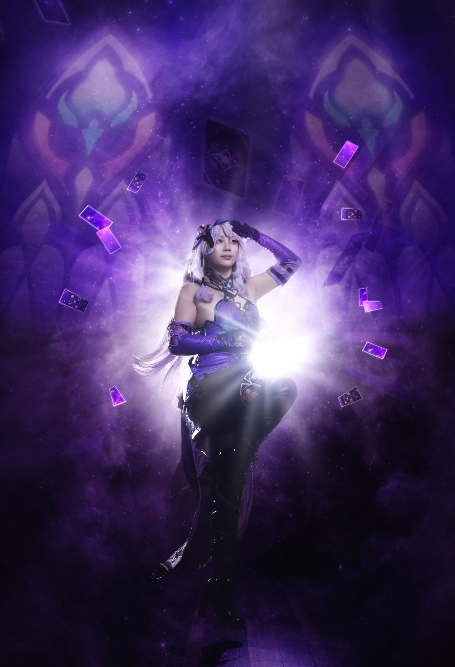 Mystical purple-toned portrait with glowing magical effects and floating cards.