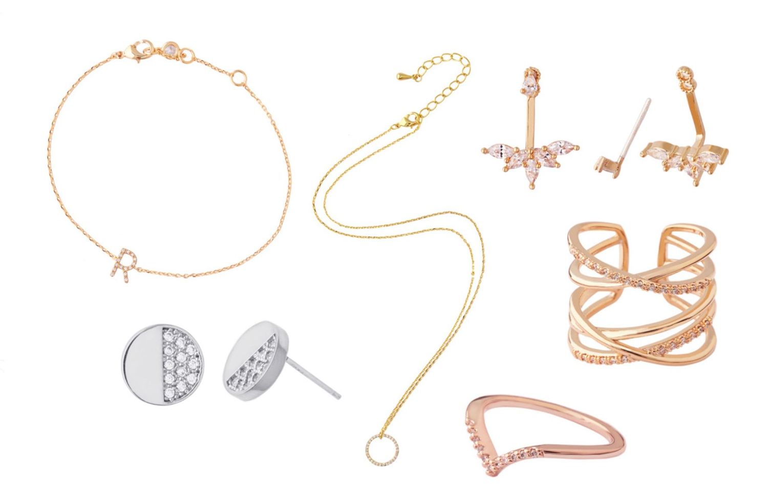 Elegant rose gold and silver jewelry set featuring a bracelet, necklace, earrings, cuff bracelet, and ring on white background.