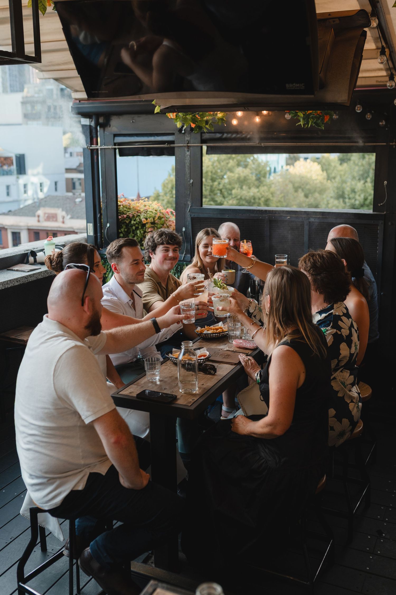 Group of friends raising glasses in a toast at a rooftop bar restaurant, celebrating together on a sunny day.