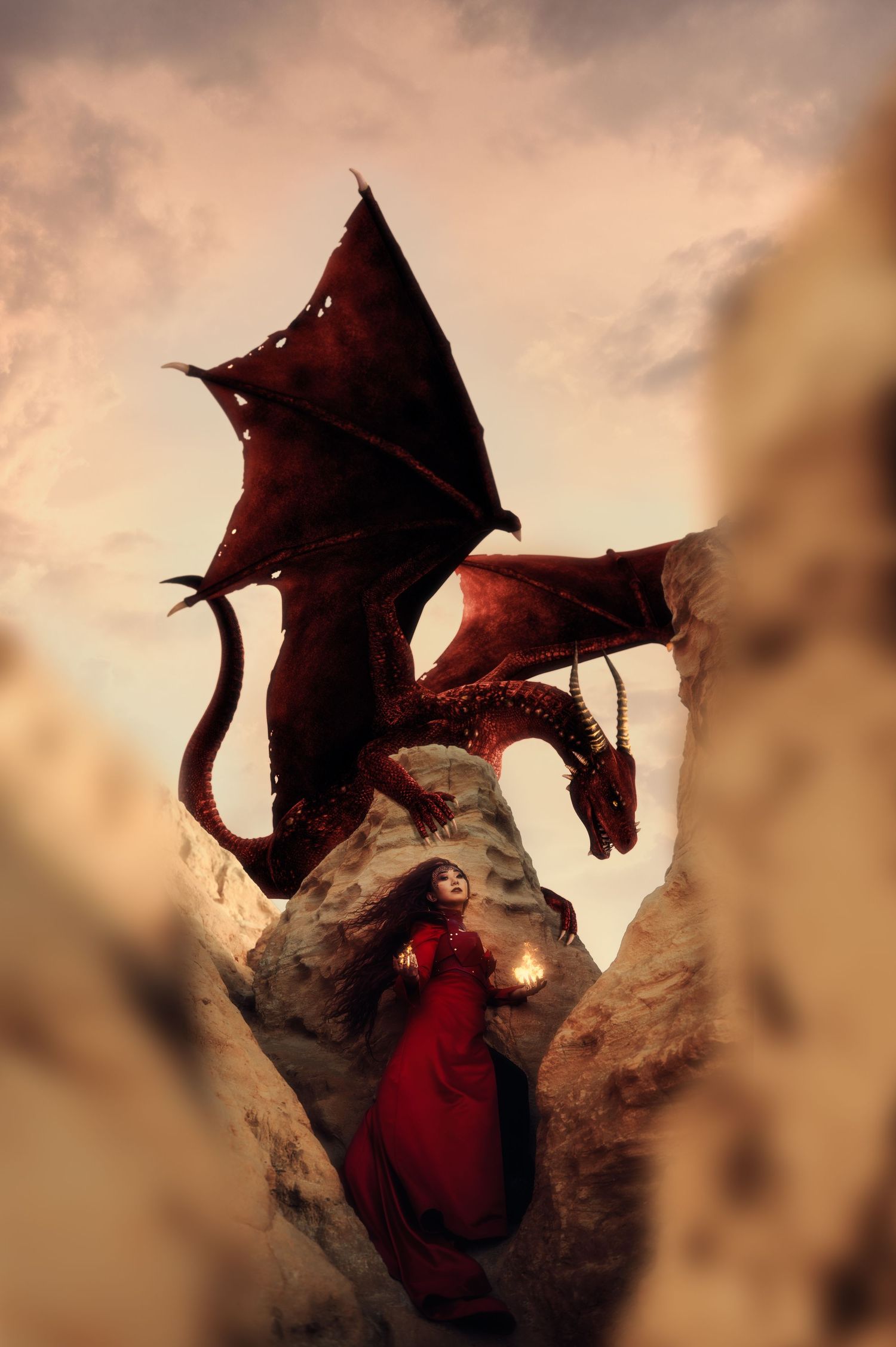 Dragon wings spread dramatically against sunset sky in fantasy scene.