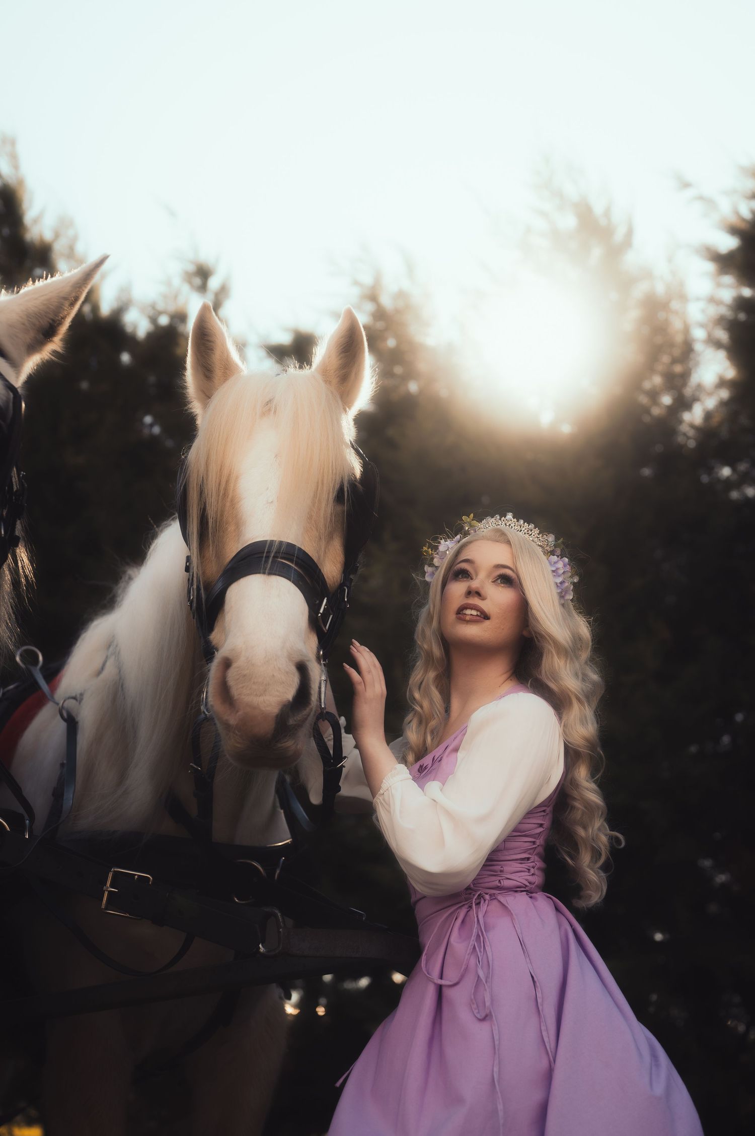 Enchanting scene with white horses and magical sunset lighting.
