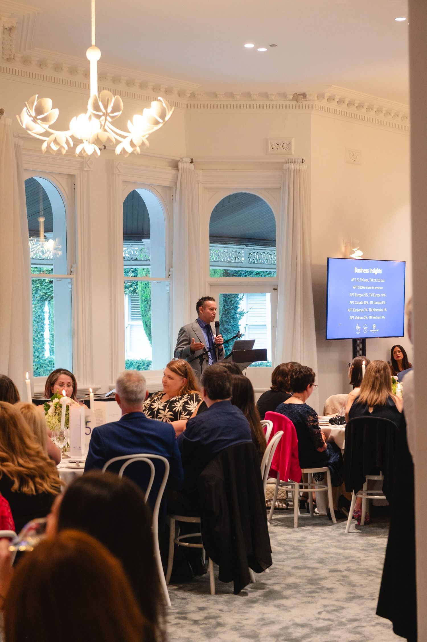 Audience members seated in an elegant white room with chandeliers and arched windows watching a presentation on a screen.