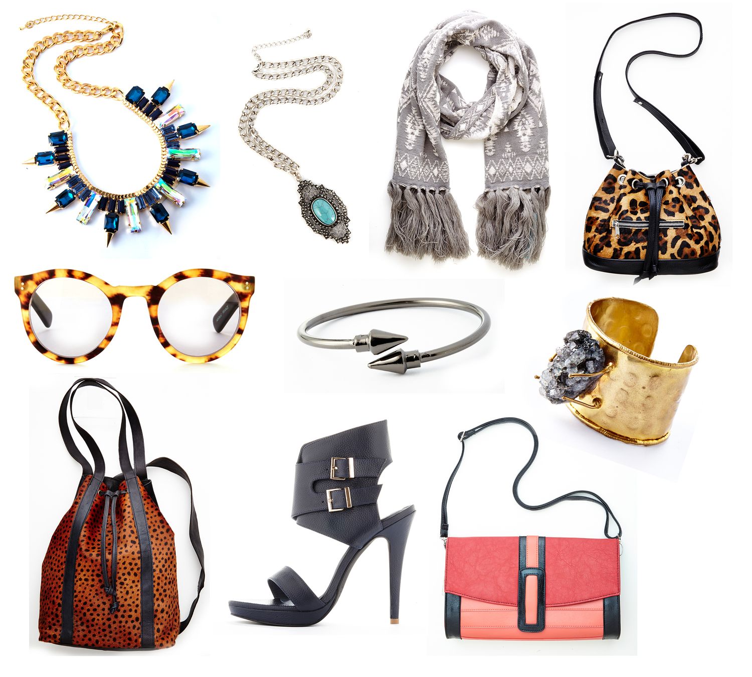A collage of fashion accessories including statement necklaces, scarves, sunglasses, handbags, heels, bracelets, and crossbody bags.