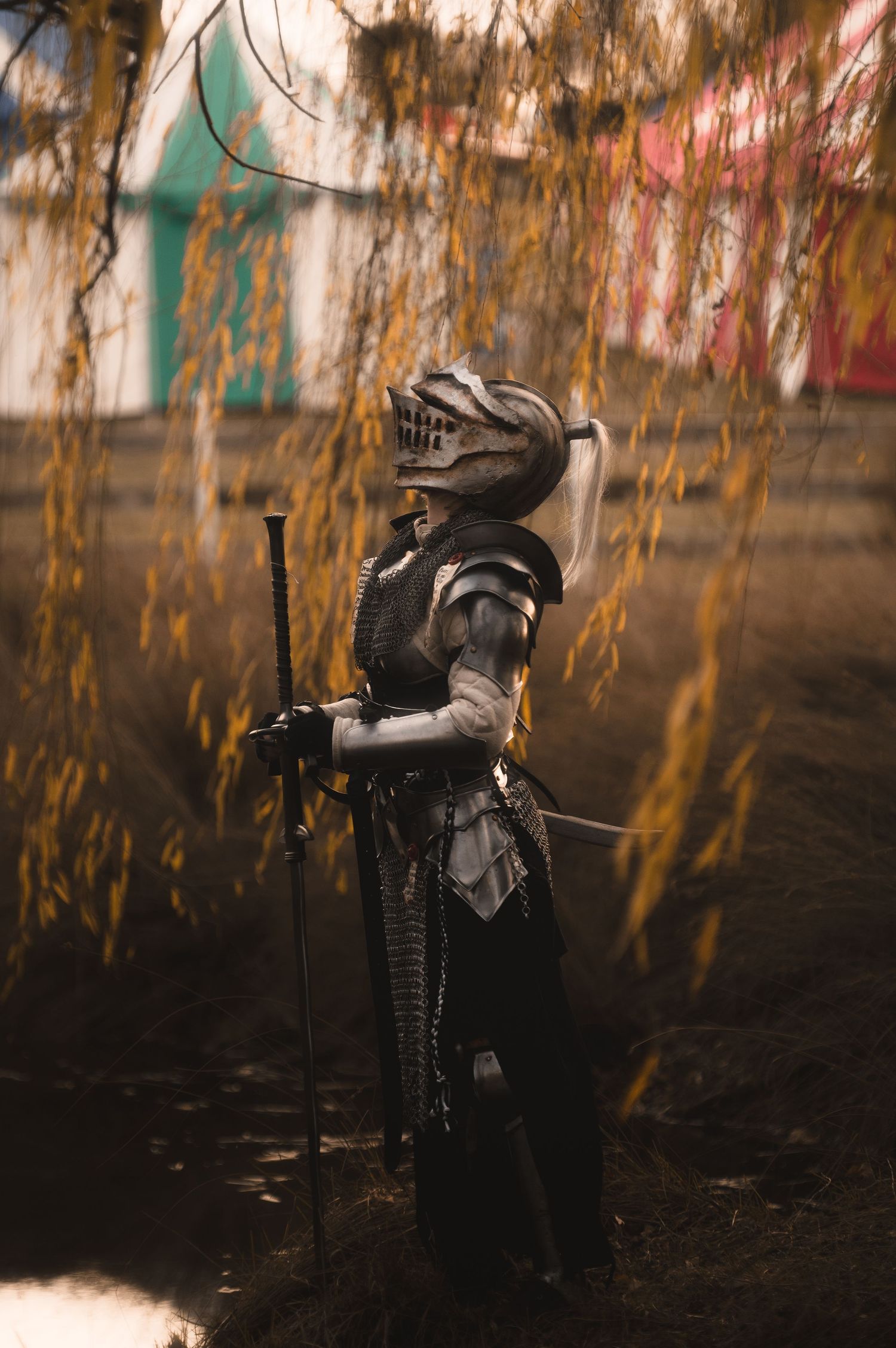 Dark medieval warrior figure standing beneath hanging willow branches.