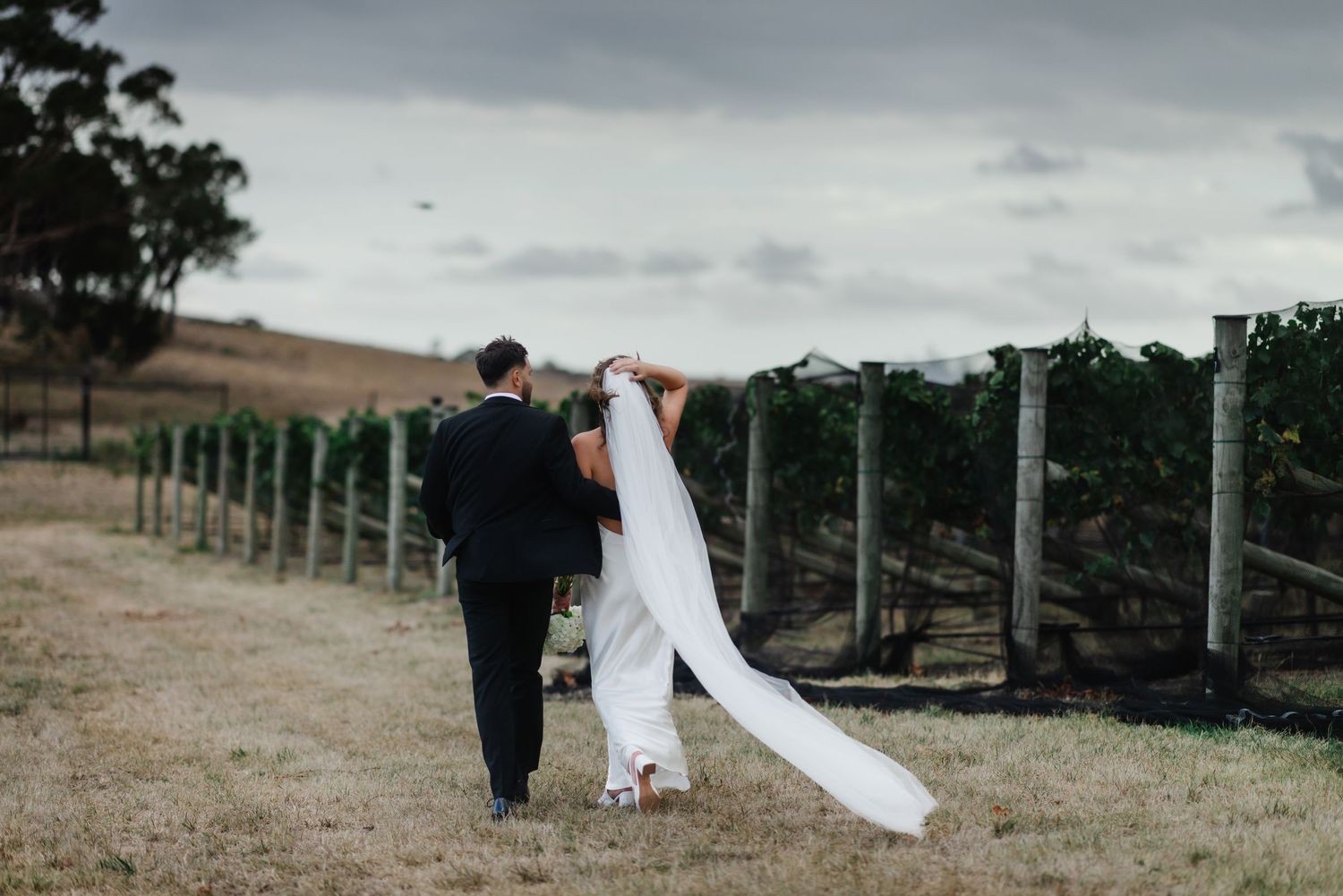 Newlyweds walking hand in hand through a vineyard with flowing white veil.