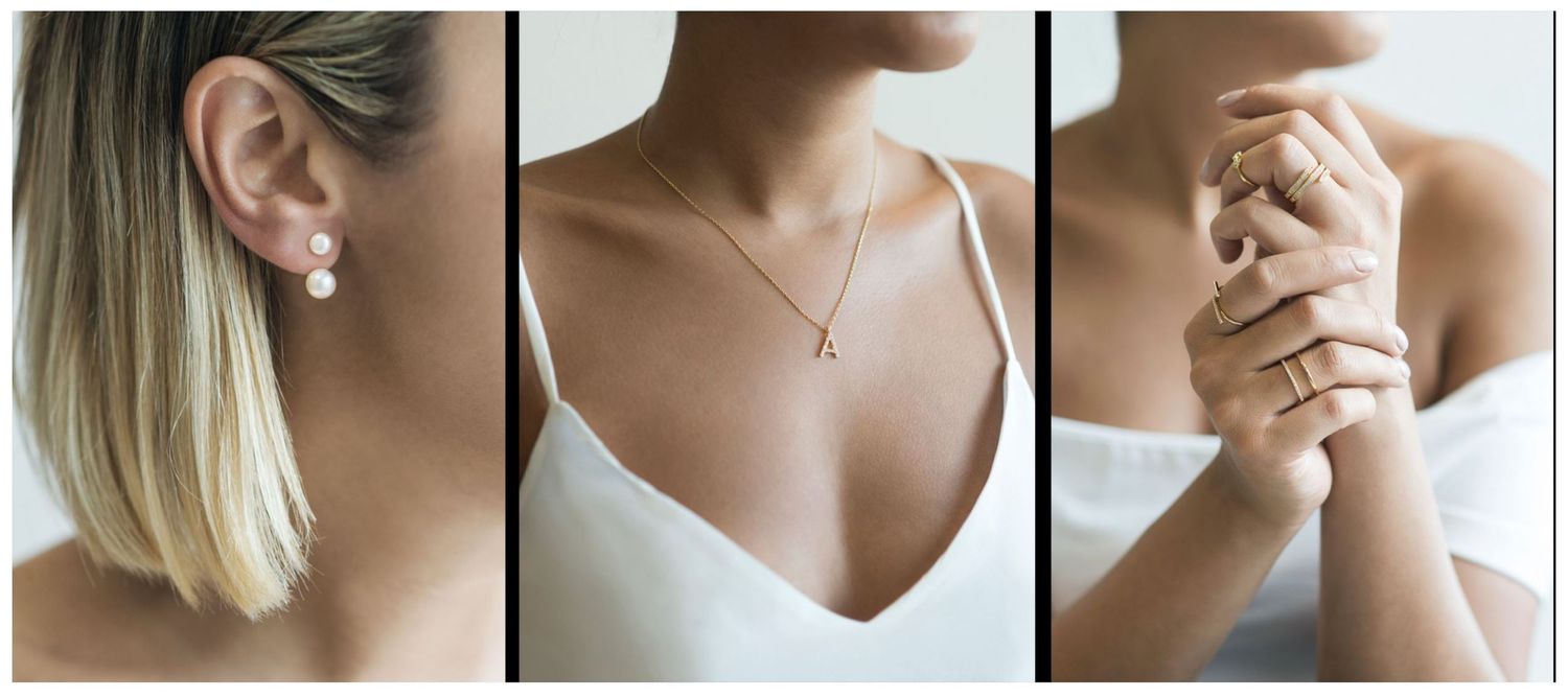 Elegant bridal jewelry triptych featuring pearl earrings, delicate gold necklace, and stacked rings on a bride.
