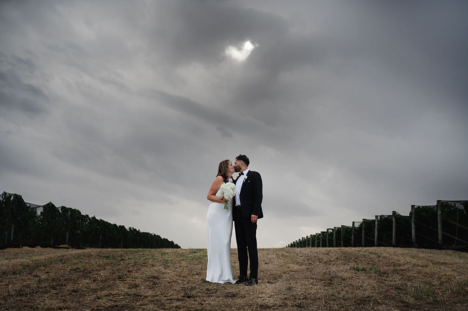 Dramatic cloudy sky over vineyard rows creates moody backdrop for wedding photography.