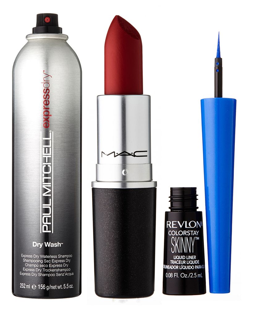 Paul Mitchell Dry Wash spray, MAC dark red lipstick, and Revlon Colorstay Skinny blue liquid eyeliner beauty products.