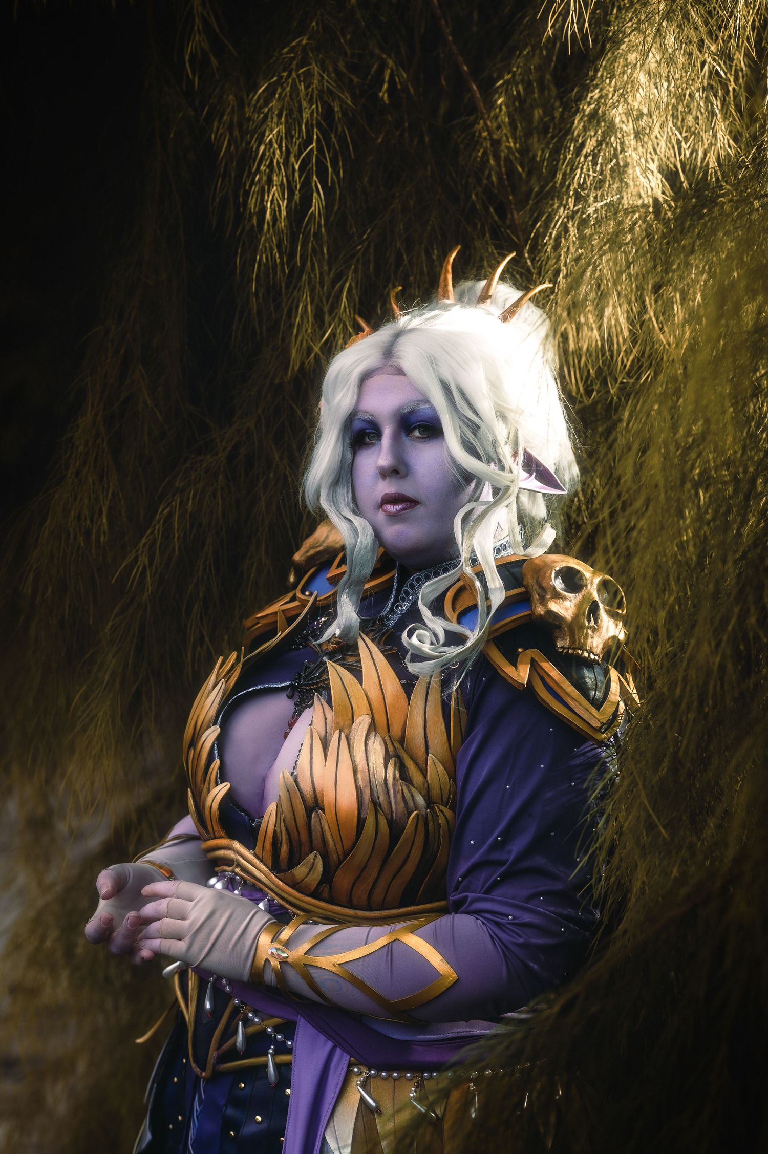 Dramatic fantasy portrait with ornate armor and golden atmospheric lighting.