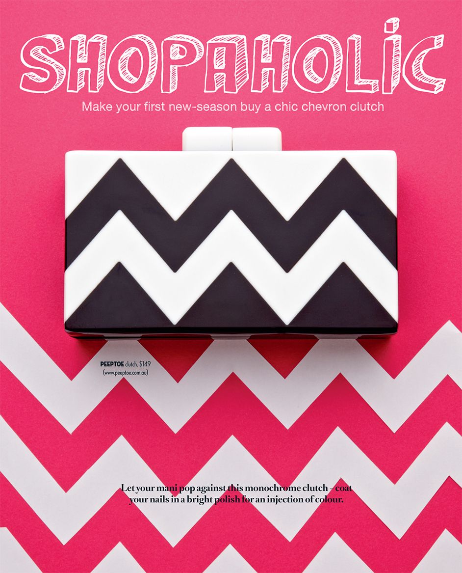 Black and white chevron clutch purse on a pink chevron background with Shopaholic magazine text overlay.