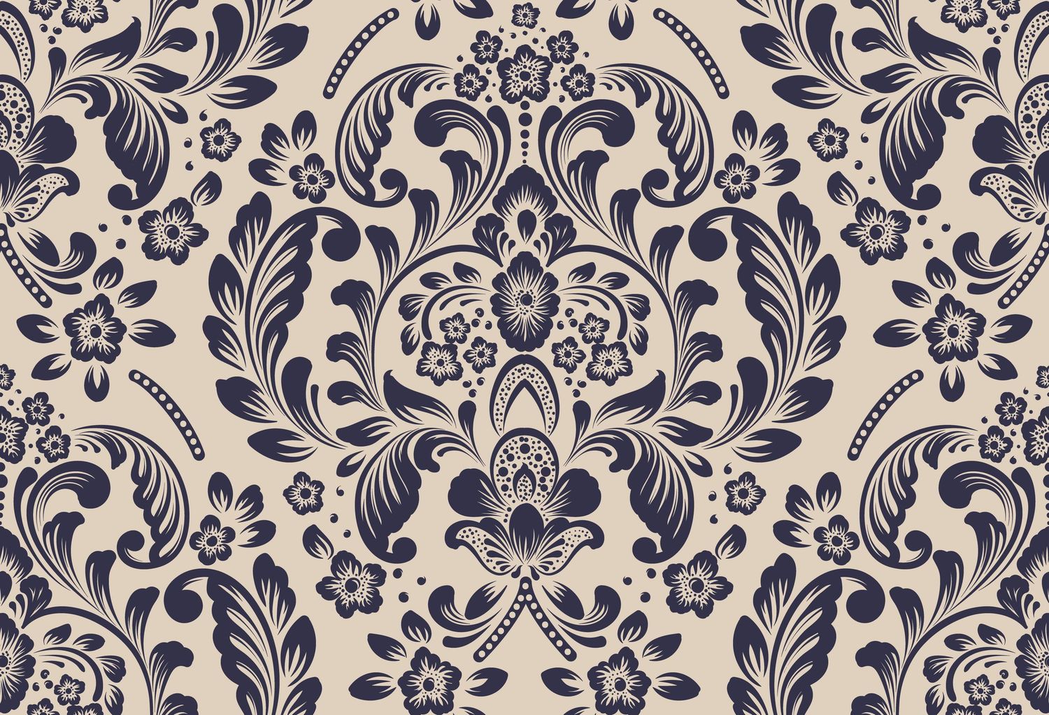 Navy blue and beige damask floral seamless pattern with ornate baroque scrollwork and vintage botanical motifs.