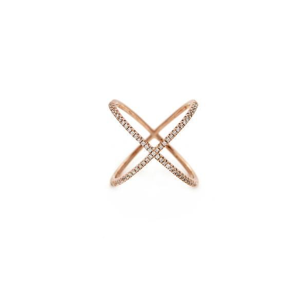 Rose gold X-shaped crossover ring adorned with sparkling pavé diamonds on a white background.