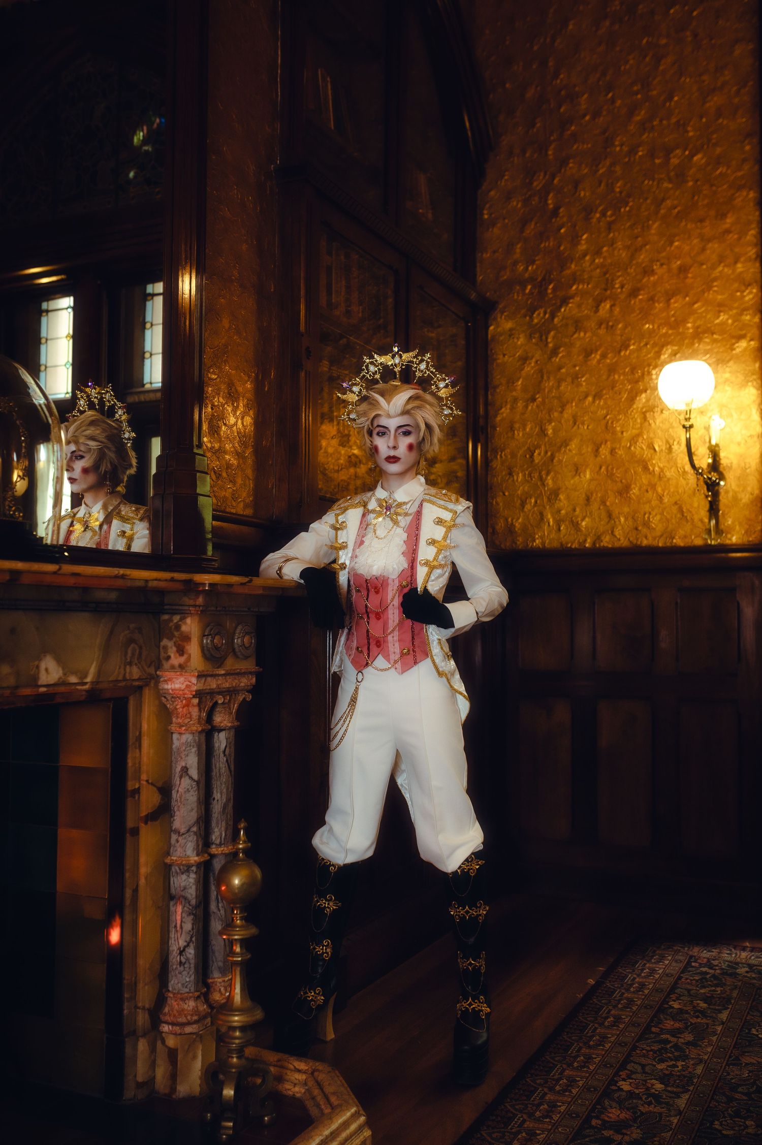 Vintage-style theatrical scene in warmly lit Victorian interior.