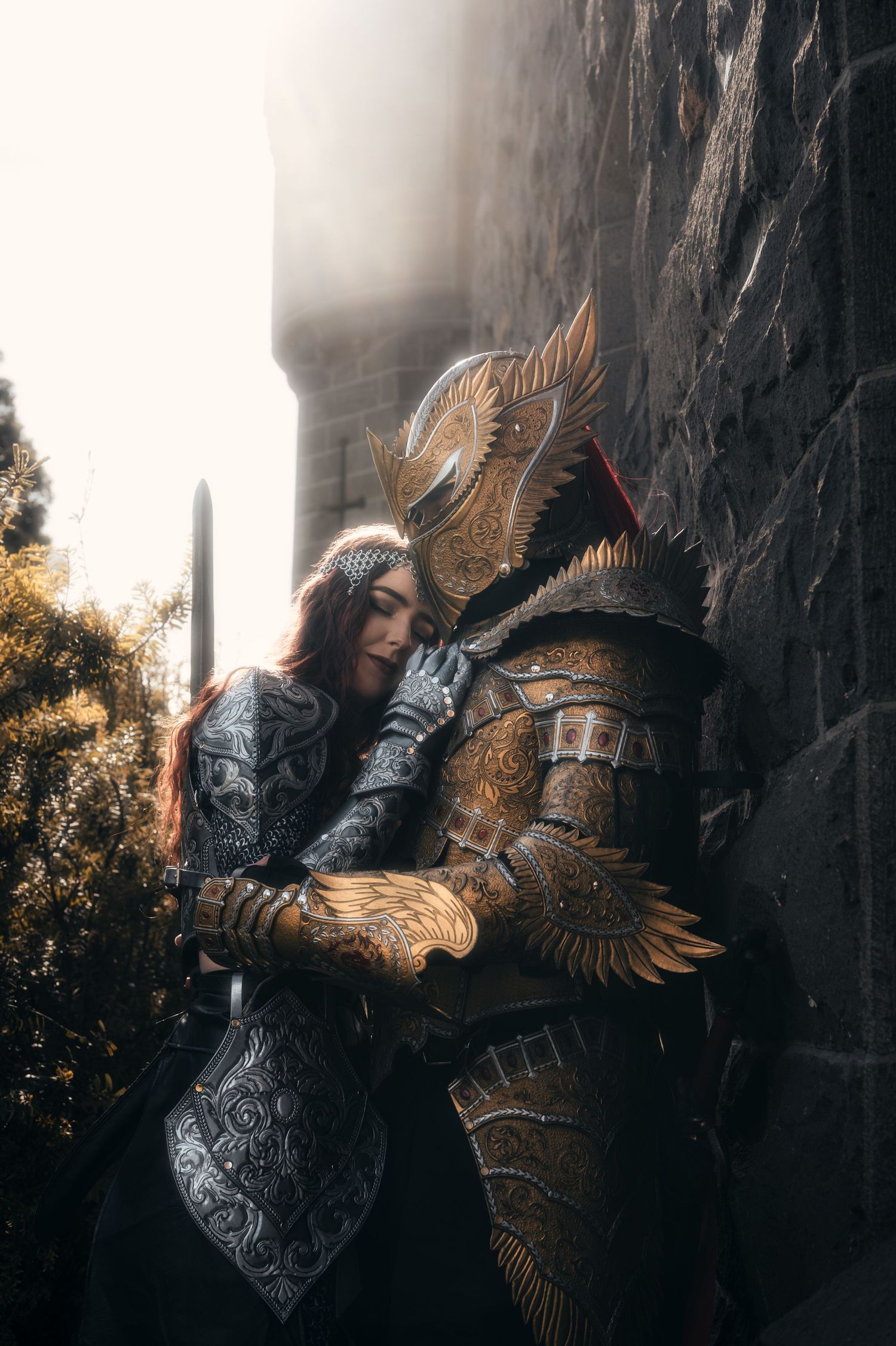 Two warriors in elaborate medieval armor clash swords in an atmospheric castle setting.