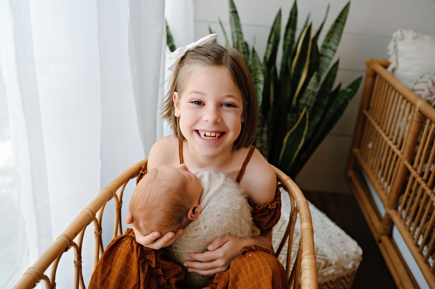 A series of four connected photos showing someone sitting in a chair by a window with natural light and plants.
