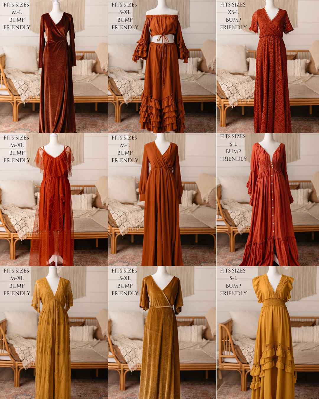 Rust-colored and golden maxi dresses with tiered skirts and v-necklines shown from multiple angles in a product photo collage.