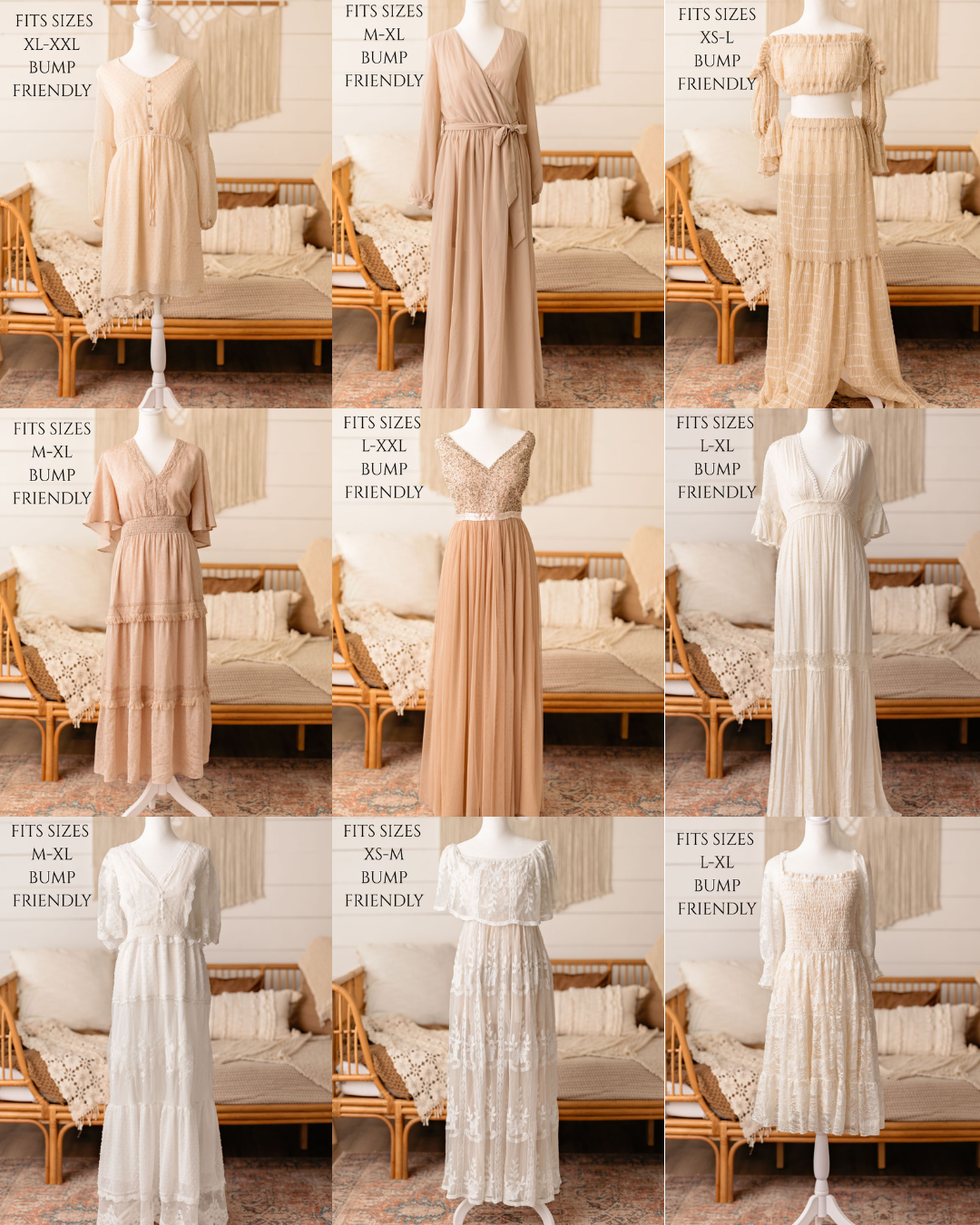 A series of soft beige and white vintage-style dresses displayed in a grid layout against a warm neutral background.