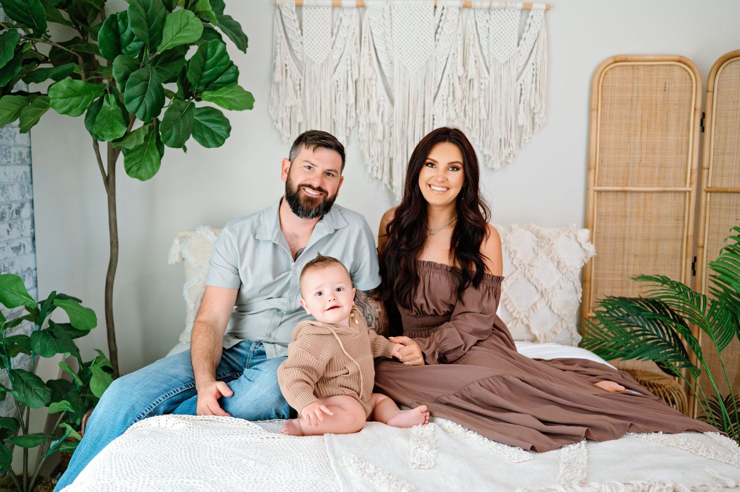 A collage of indoor family portraits with green plants and white decor showing candid moments and interactions.