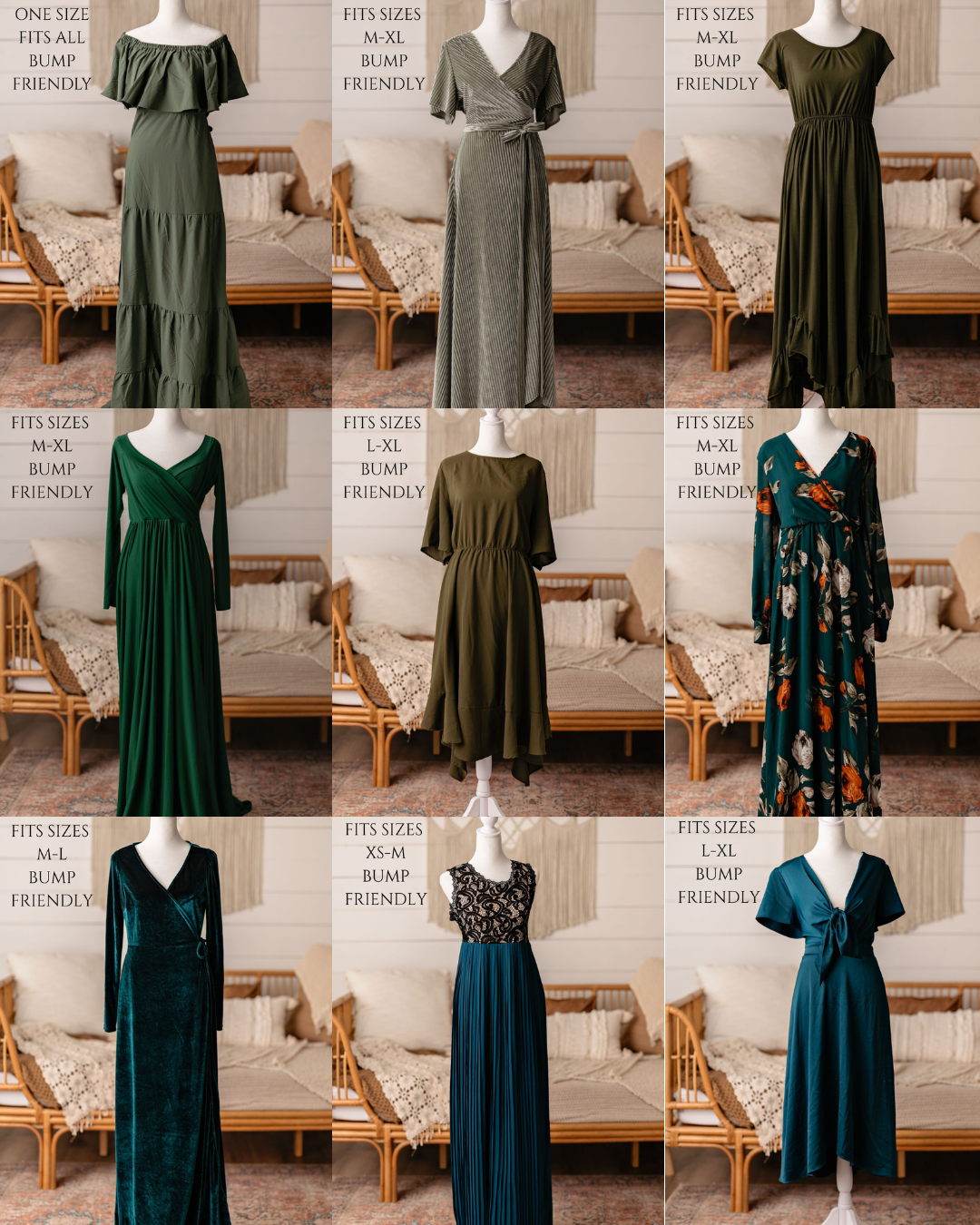Collection of nine elegant maxi dresses in earth tones and jewel colors featuring various necklines and sleeve styles.
