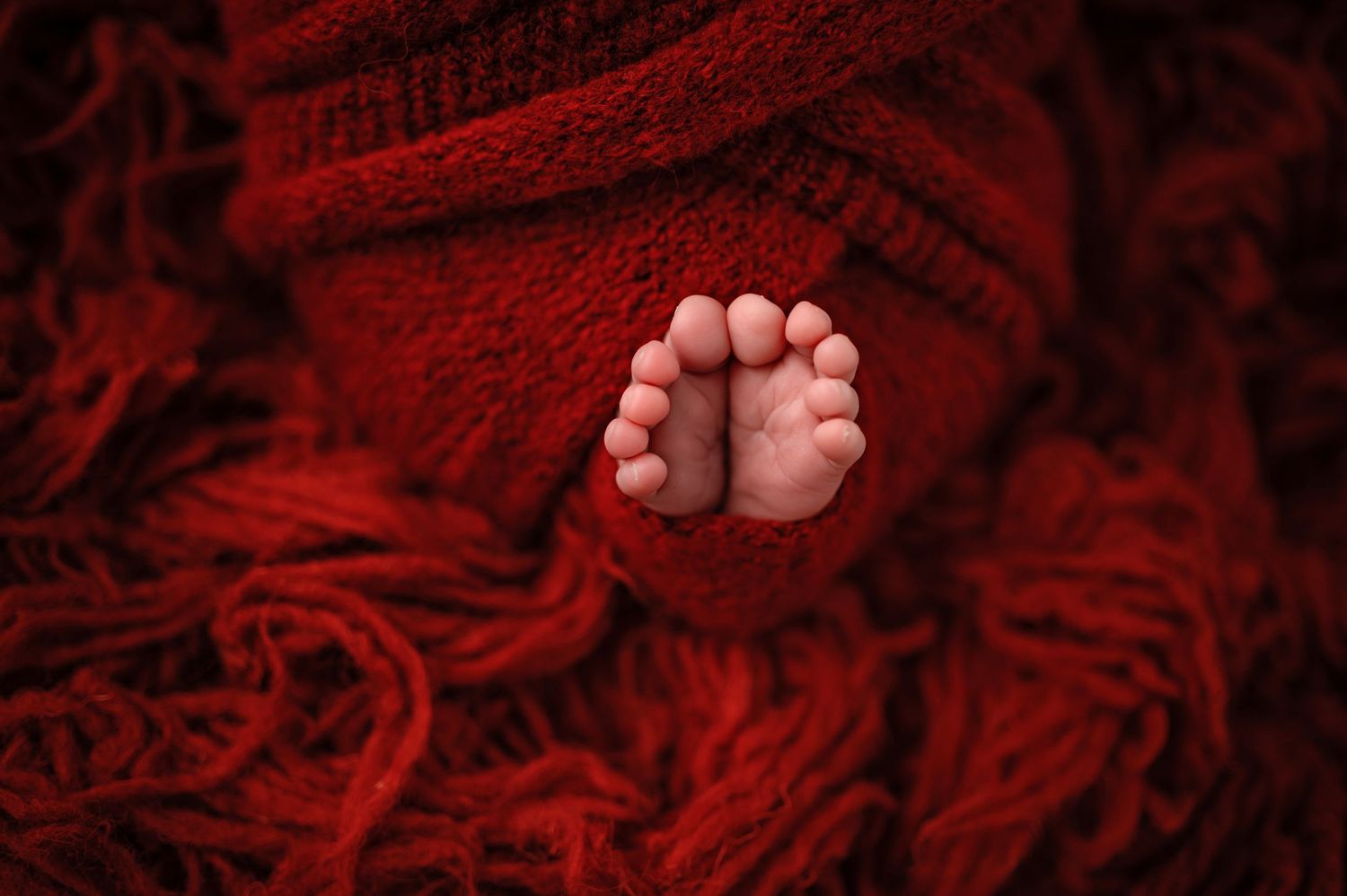 Tiny newborn baby feet with pink skin tones photographed against a red textured blanket background.