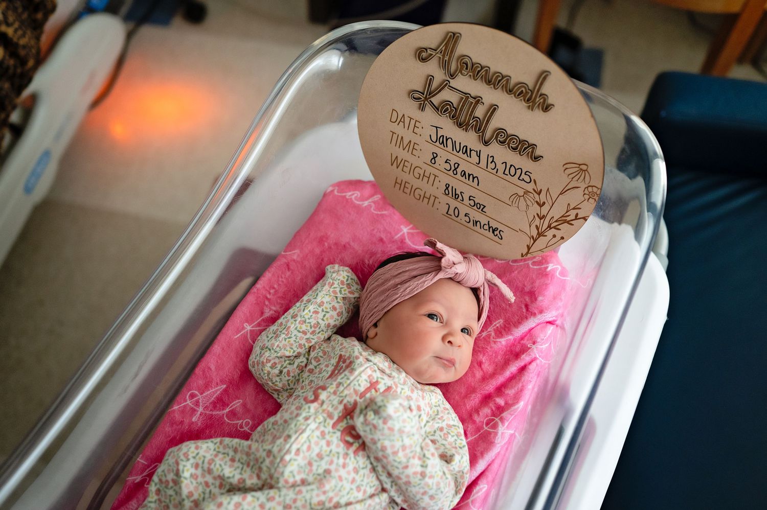 Professional newborn portrait session with baby and personalized wooden sign.