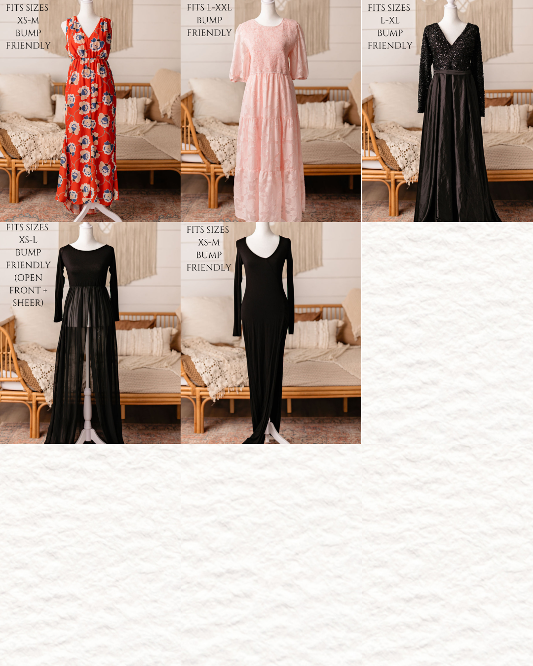 Fashion display featuring feminine dresses in red floral, pink, and black with various necklines and silhouettes.