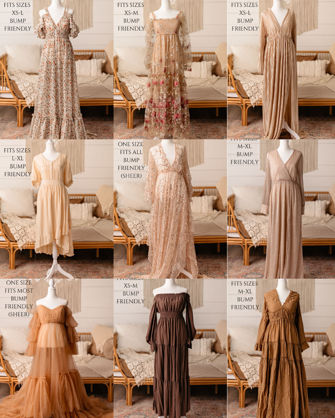 Collection of ethereal maxi dresses in muted earth tones featuring romantic flowy silhouettes and delicate details.