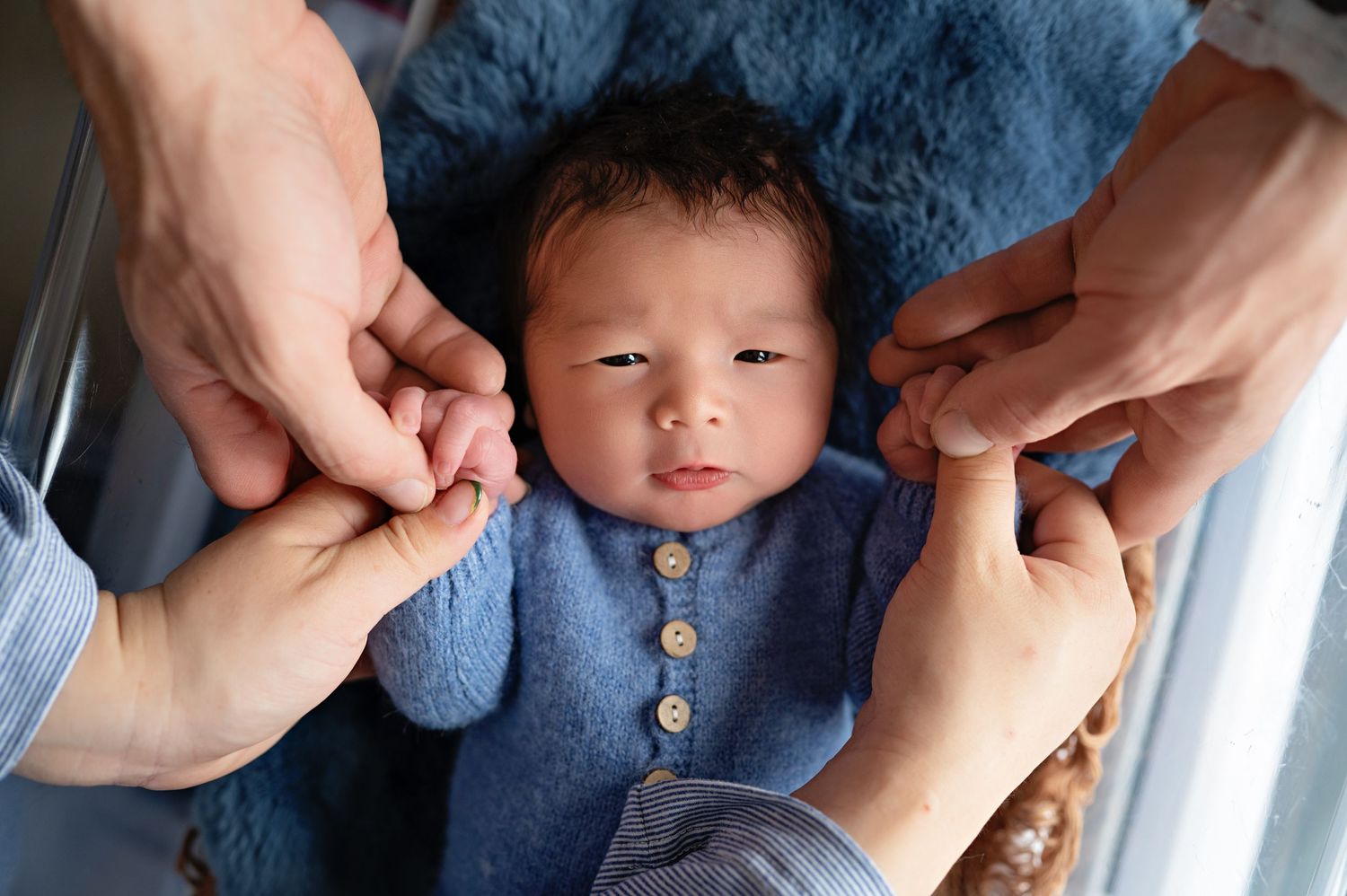 A person's hands are seen sewing buttons onto a blue plush stuffed animal toy.