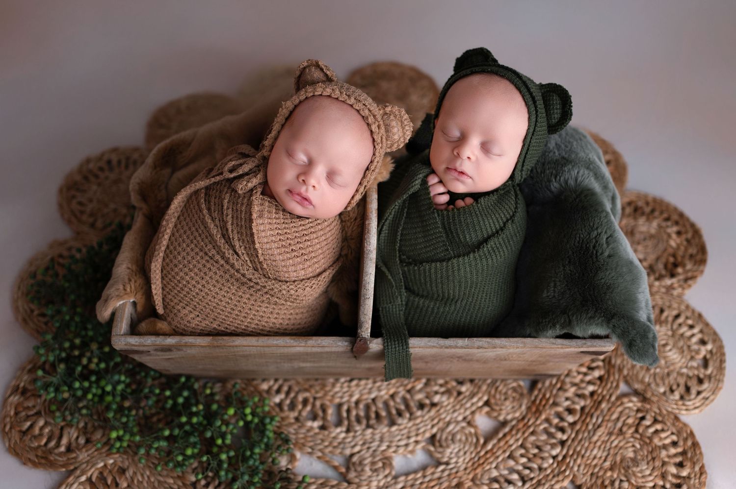 Four sequential newborn portrait shots show sleeping infants in coordinating brown and green outfits on a textured backdrop.