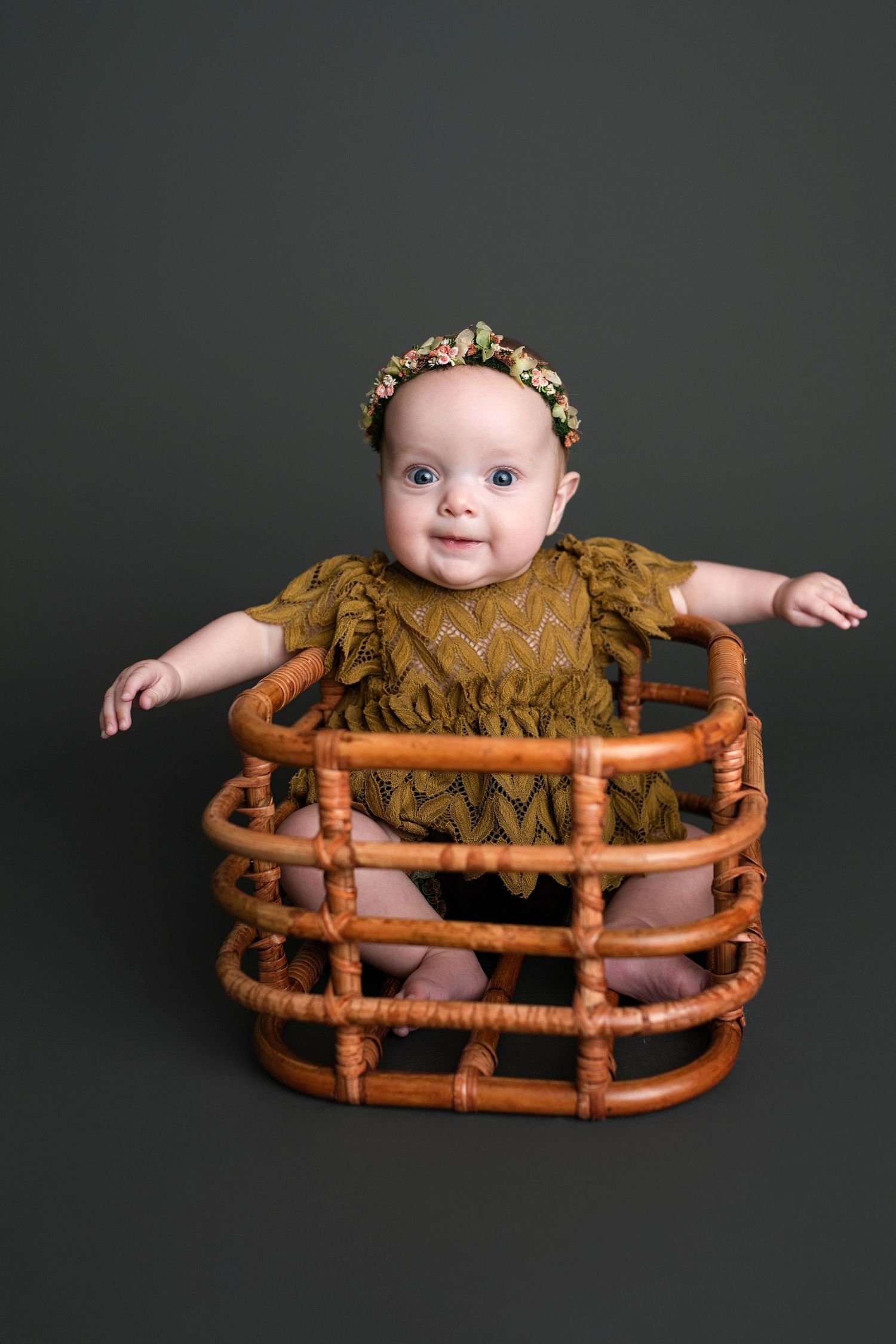 Multiple views of a rustic bamboo basket prop setup against a dark studio background.