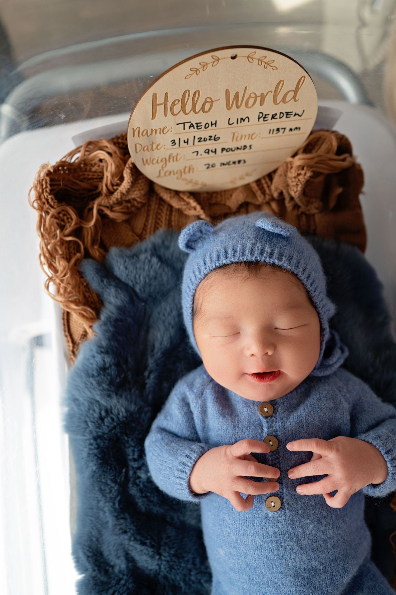 Newborn baby wearing soft blue knit outfit and hat rests on fuzzy blanket beneath birth announcement sign.