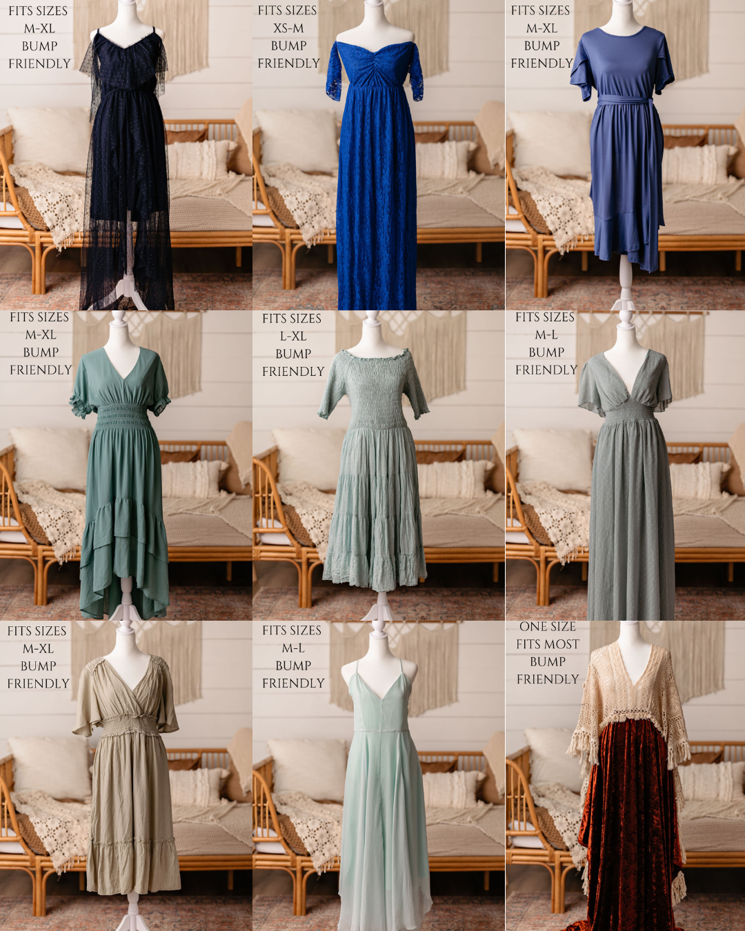 Collection of casual midi dresses in sage green, navy blue, and black displayed on mannequins with ruched details and flowy skirts.