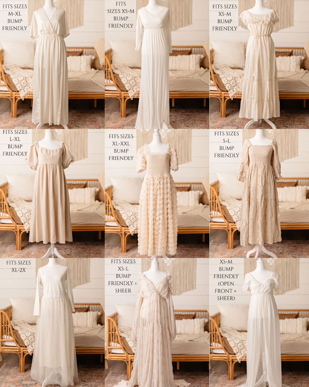 Vintage-style white dress forms and mannequins displayed in a row against a light beige background.