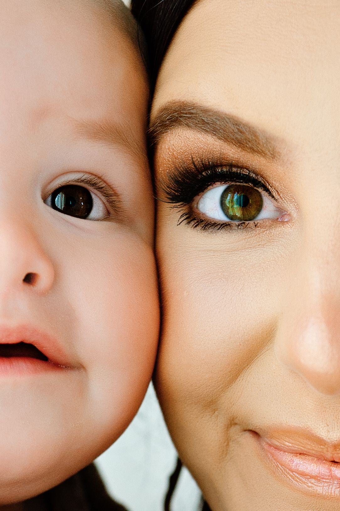 Close-up artistic photo sequence showing different eye colors and facial features against light backgrounds.