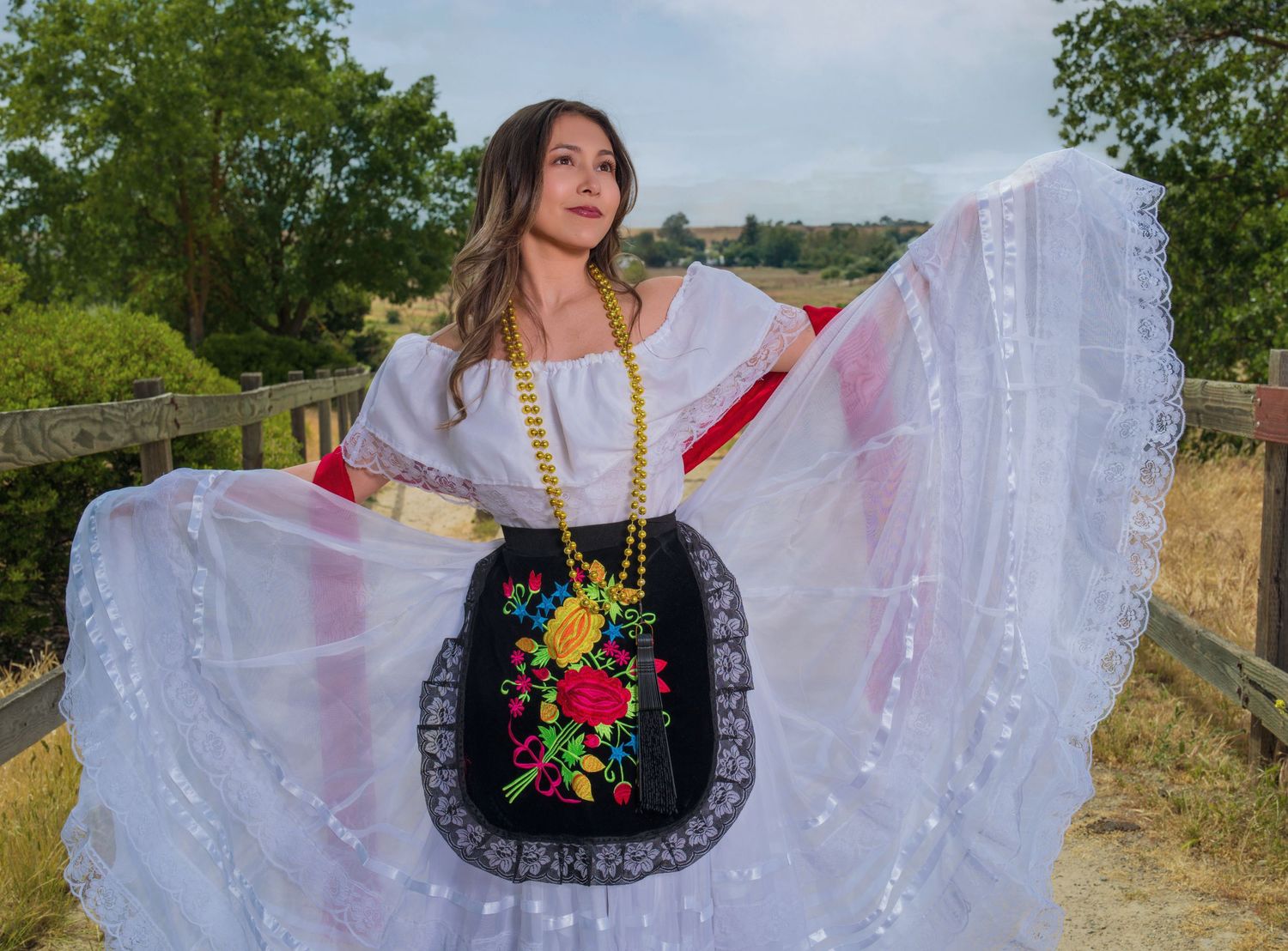 Dancer in traditional Mexican dress with colorful embroidery twirling against outdoor backdrop.
