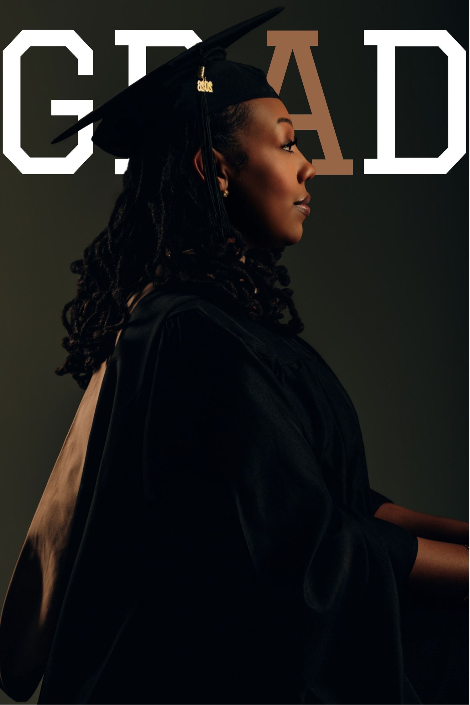 Female graduate in black cap and gown poses in profile with GRAD text overlay.