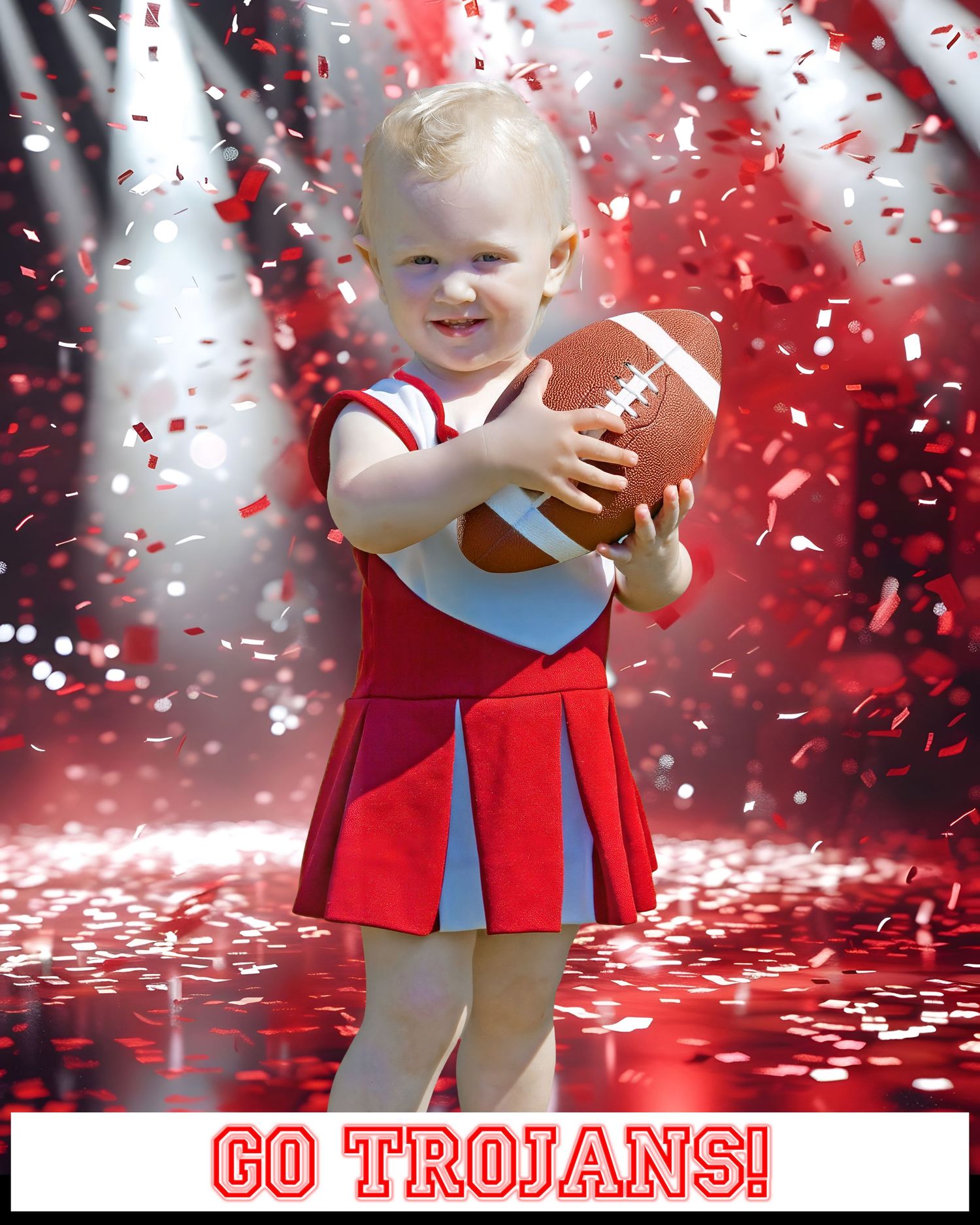 Child in cheerleading uniform holding a football