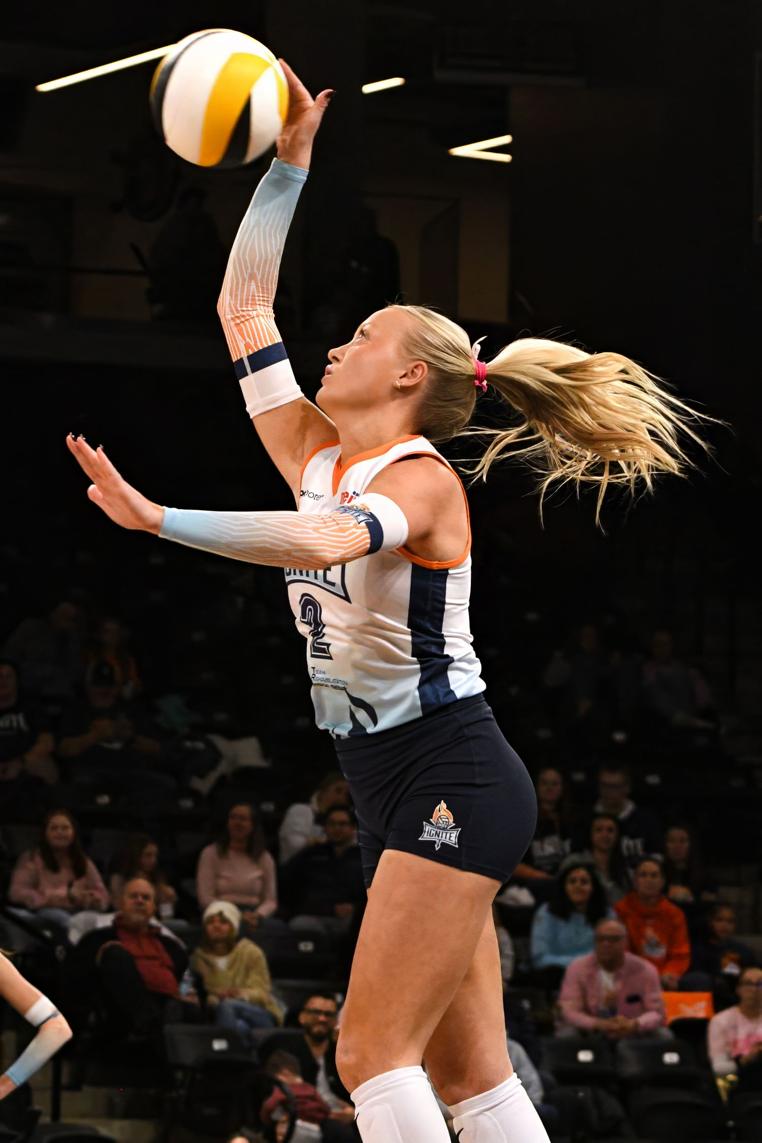 Professional Volleyball player on Indy Ignite team playing in a volleyball game