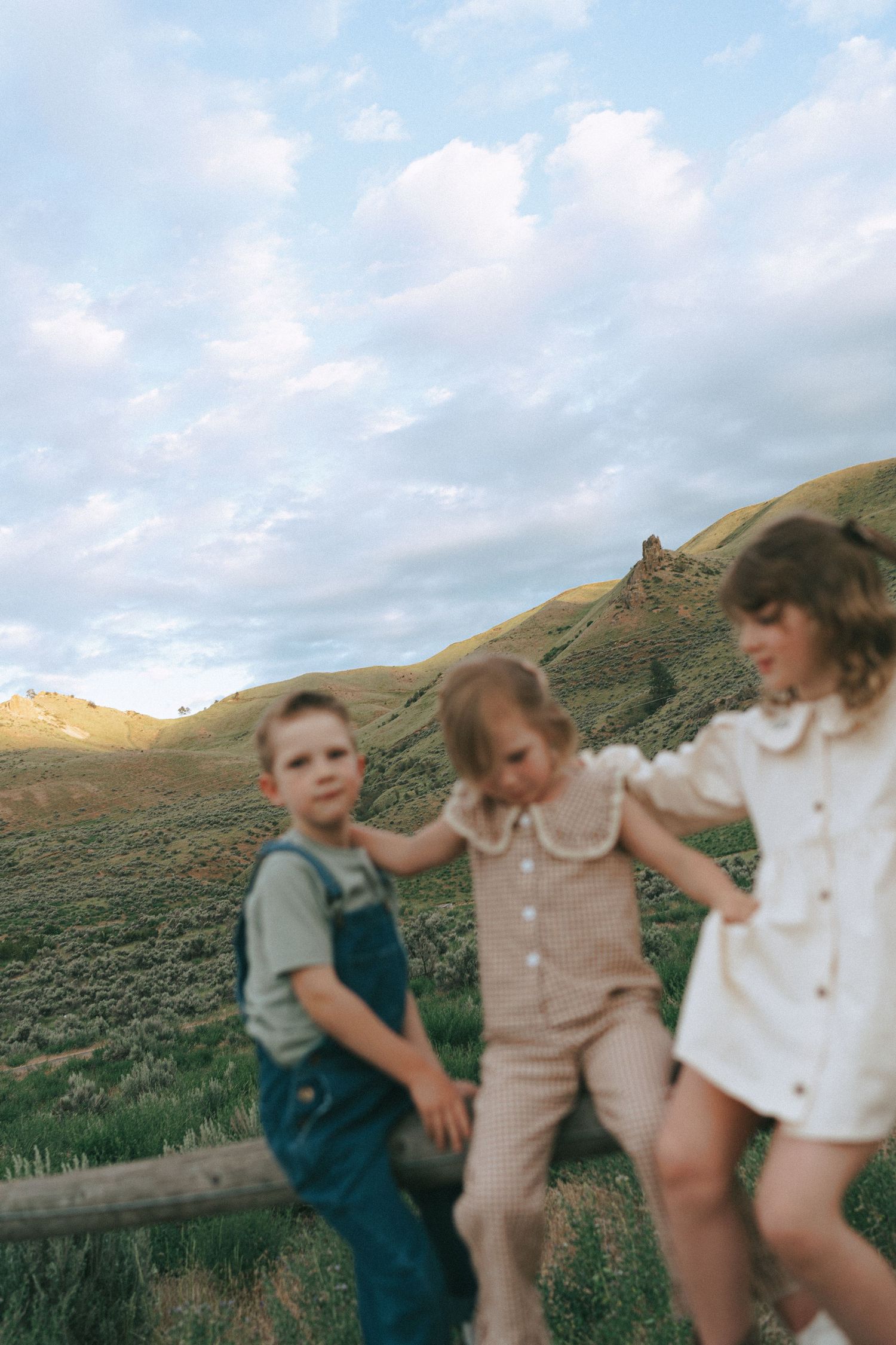 Three young children sit on a wooden fence rail in a grassy hillside meadow under a soft blue sky with wispy clouds.