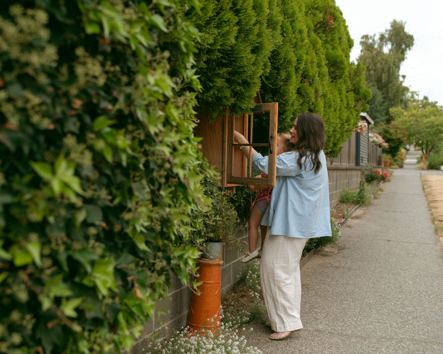 Woman in a light blue shirt and white pants opens a wooden little free library box beside a green ivy hedge on a quiet sidewalk.