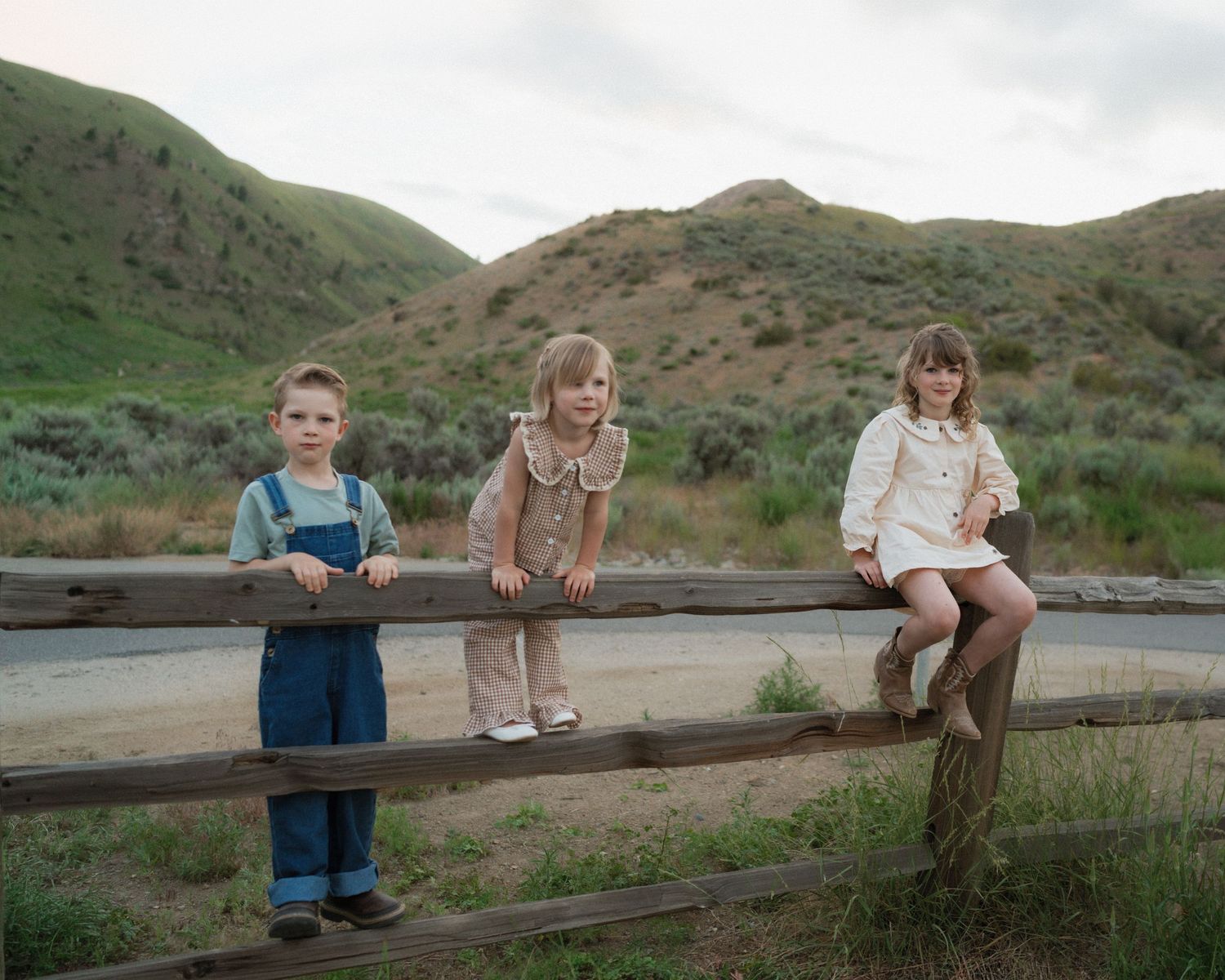 Three children in casual clothes pose on a rustic wooden fence with green rolling hills and a cloudy sky behind them.