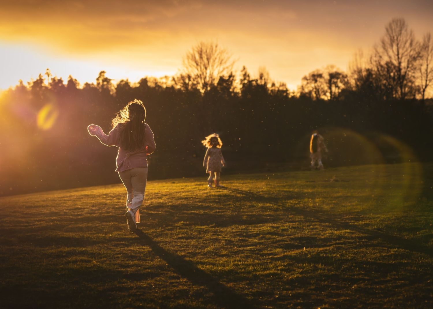 Silhuetter av familj som springer över ett fält i vacker solnedgång.