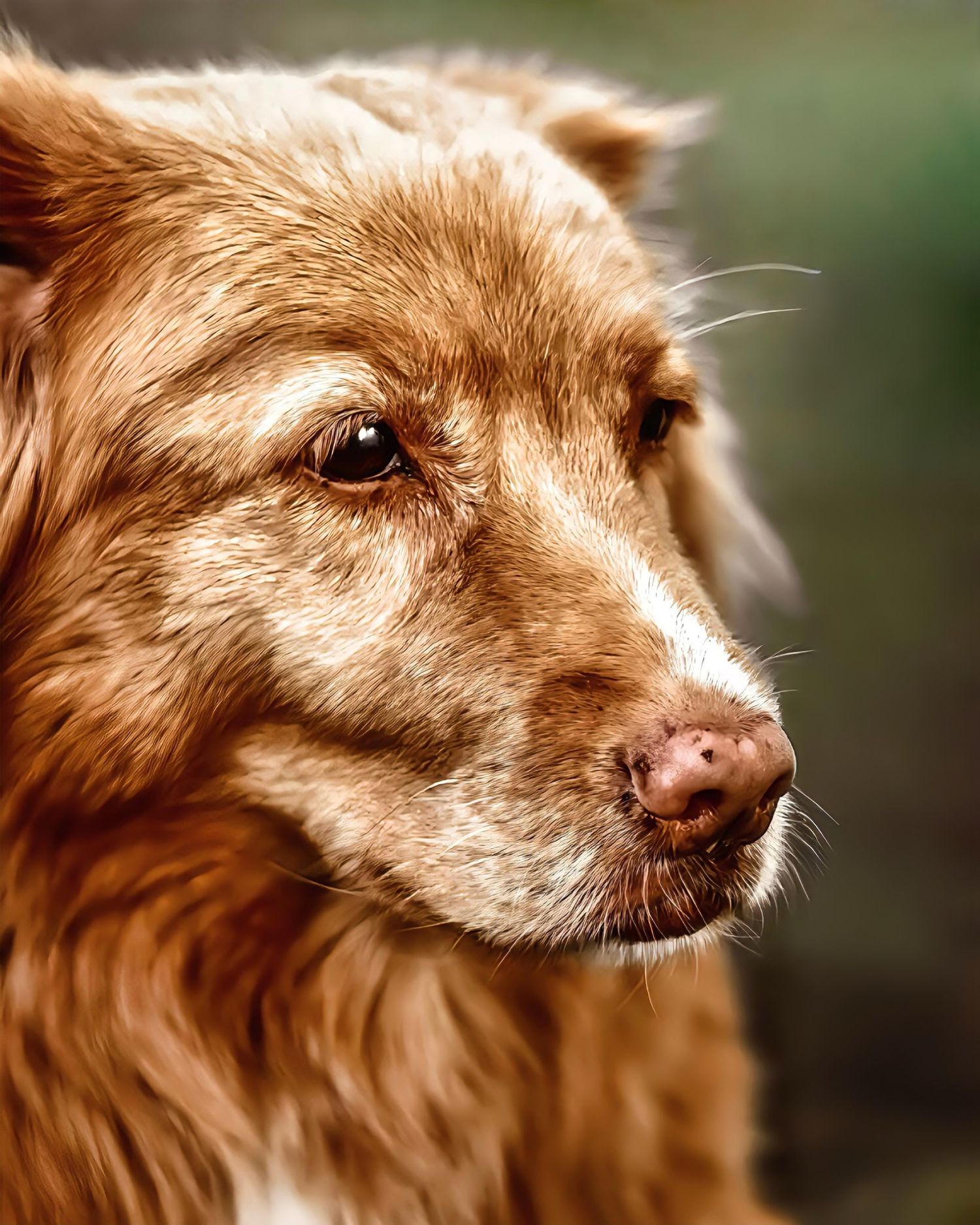 Röd tolling retriever i profil med mjukt ljus i pälsen, fotograferad utomhus i naturen.
