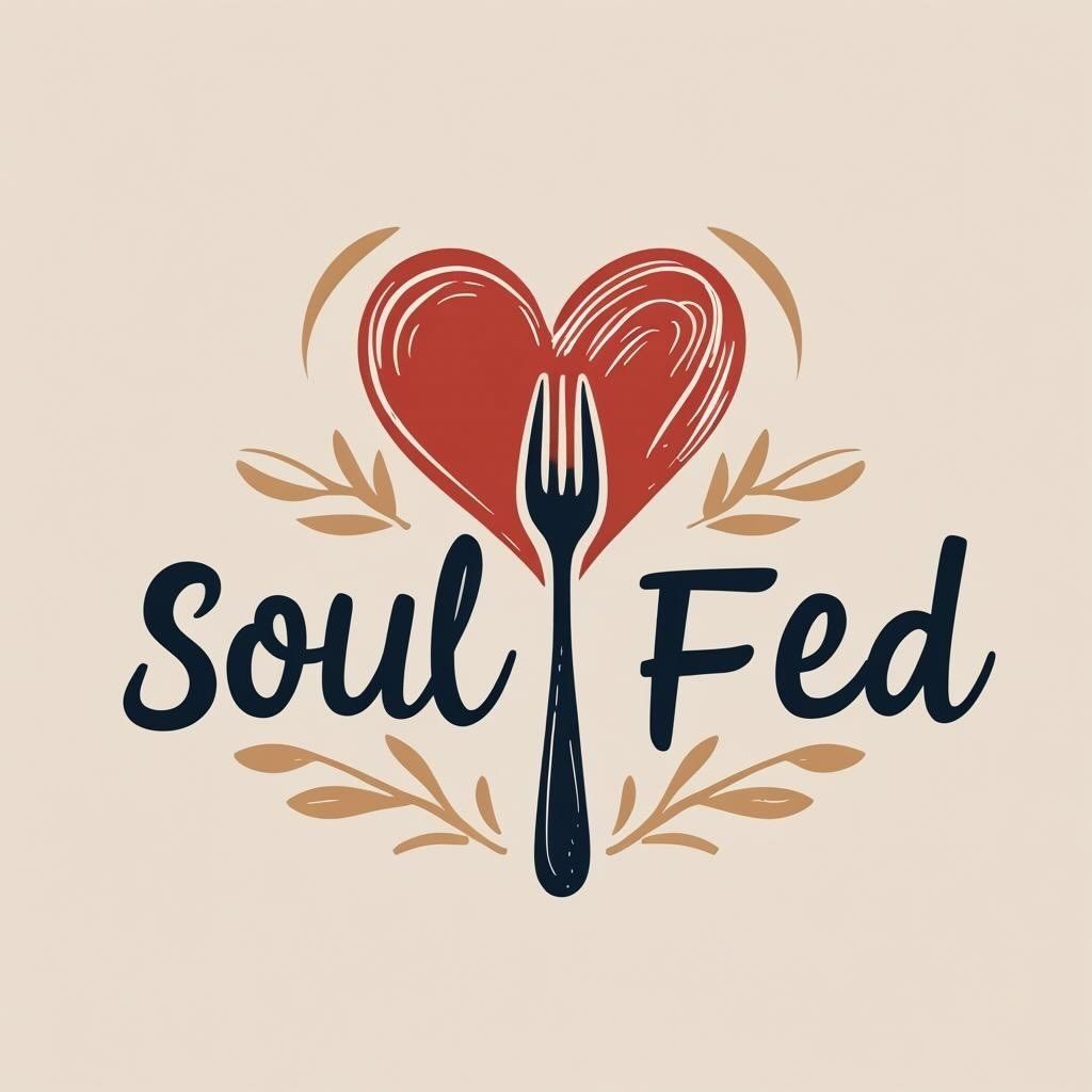 Soul Fed logo featuring a red heart with a fork and spoon, framed by golden wheat leaves on a cream background.