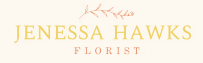 Elegant gold text logo design for Jenessa Hawks Florist with delicate leaf embellishments on a cream background.