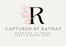 Elegant black and pink wedding photography logo design with decorative floral elements and text 'Captured by Raynay'.
